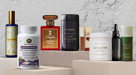 A curated collection of Indian homegrown beauty and wellness products, including perfumes, skincare essentials, and sleep aids.