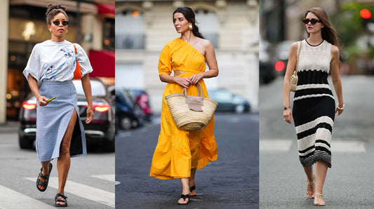 A woman in summer dress enjoying the warmth of the sun in a relaxed, stylish setting.
