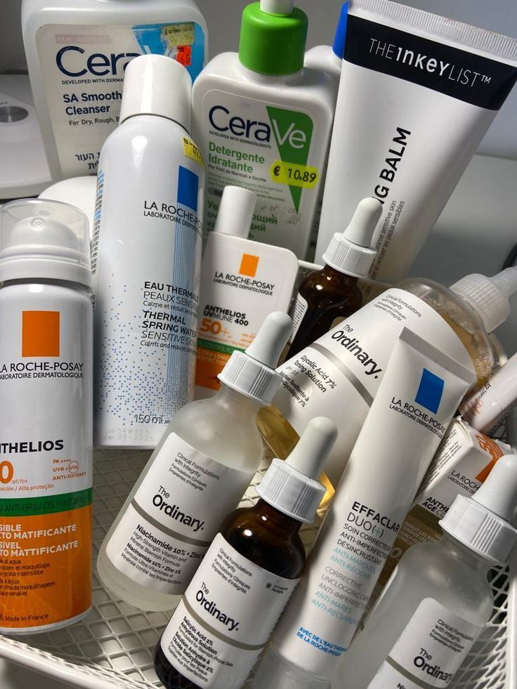 A collection of skincare products including cleansers, serums, and sunscreens from brands like La Roche-Posay and The Ordinary.