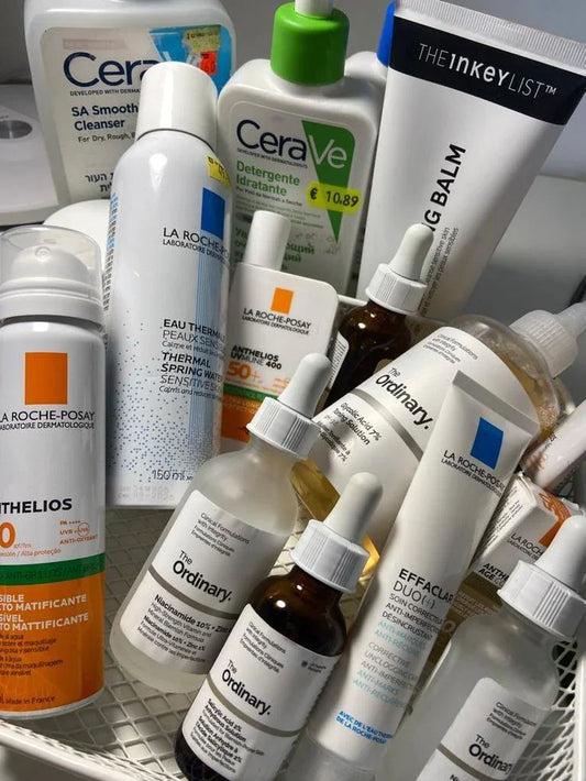 A collection of skincare products including cleansers, serums, and sunscreens from brands like La Roche-Posay and The Ordinary.