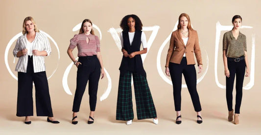 Five women are showcasing diverse stylish outfits, including wide-leg pants, blazers, and casual attire.