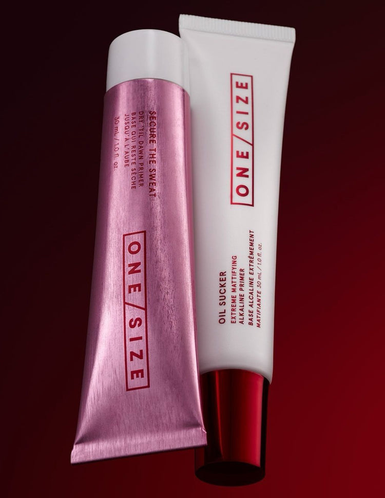Two One/Size beauty primer tubes; one pink 'Secure The Sweat' primer next to a white 'Oil Sucker' primer.