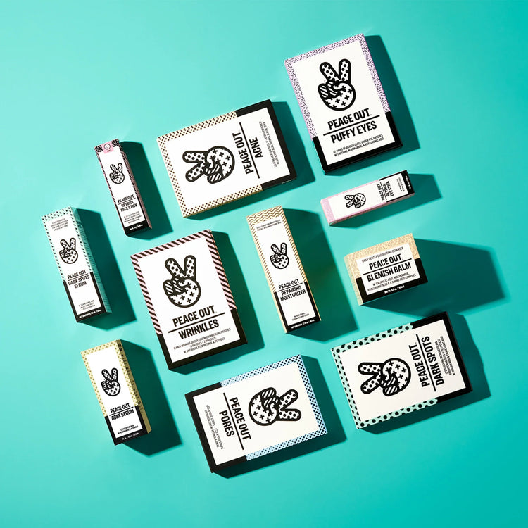 Collection of Peace Out Skincare products including serums, moisturizers, patches, designed to reduce blemishes.
