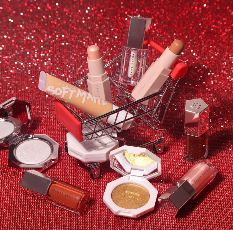 Fenty Beauty lipsticks, highlighters, and shimmering eyeshadows.