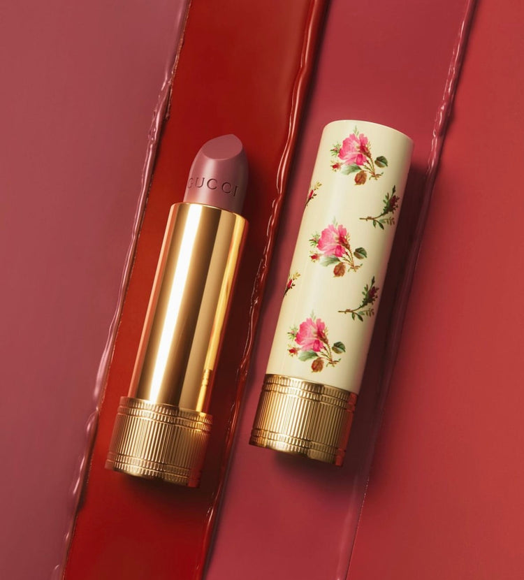 Gucci lipstick with floral packaging and a soft mauve shade