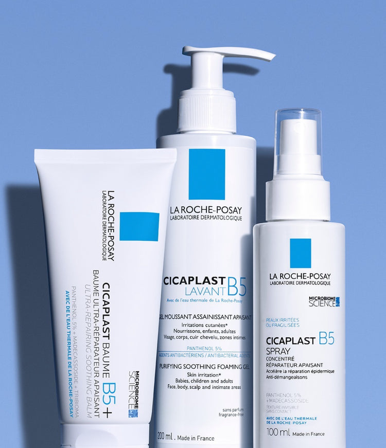 Three La Roche-Posay skincare products: Cicaplast Baume, Cicaplast Lavant, and Cicaplast B5 Spray.