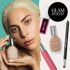 Lady Gaga, with silver-blonde hair, fair skin, almond-shaped eyes, and lightly lined lips, featured alongside Haus Labs beauty products.