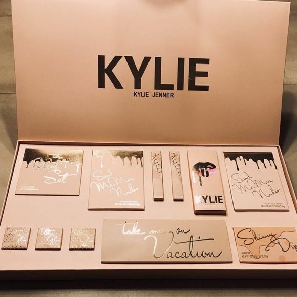 Kylie Jenner makeup set featuring various products with her signature design.