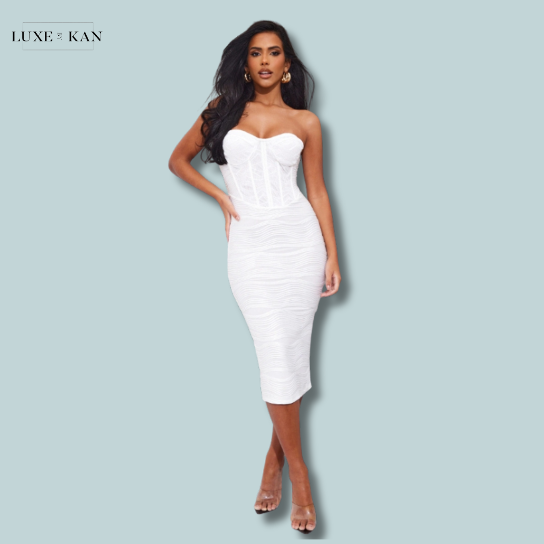 PRETTYLITTLETHING WHITE CRINKLE CORSET DETAIL BANDEAU BODYCON DRESS Luxe by Kan