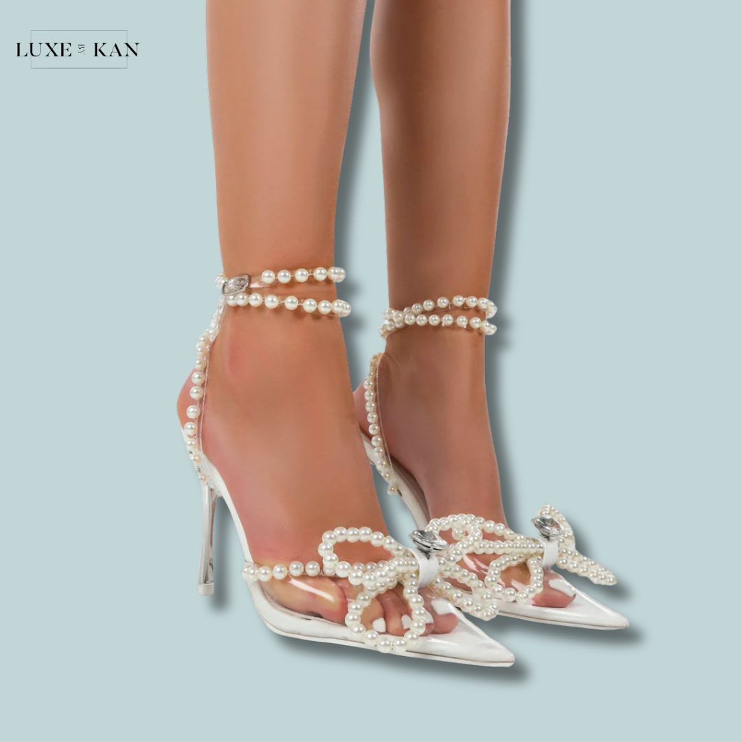 PUBLIC DESIRE PEARL BOW CLEAR PERSPEX WRAP AROUND POINTED TOE STILETTO Luxe by Kan