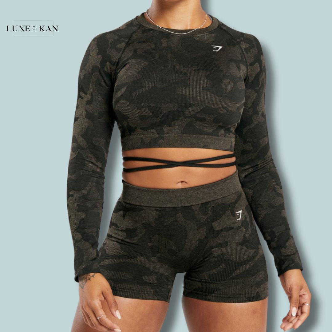 GYMSHARK ADAPT CAMO SEAMLESS RIBBED LONG SLEEVE CROP TOP Luxe by Kan