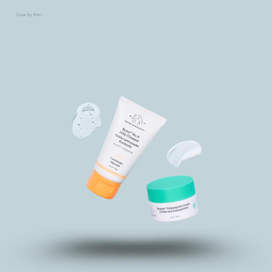 Drunk Elephant The Essentials Edit two products with texture swatches on a blue background