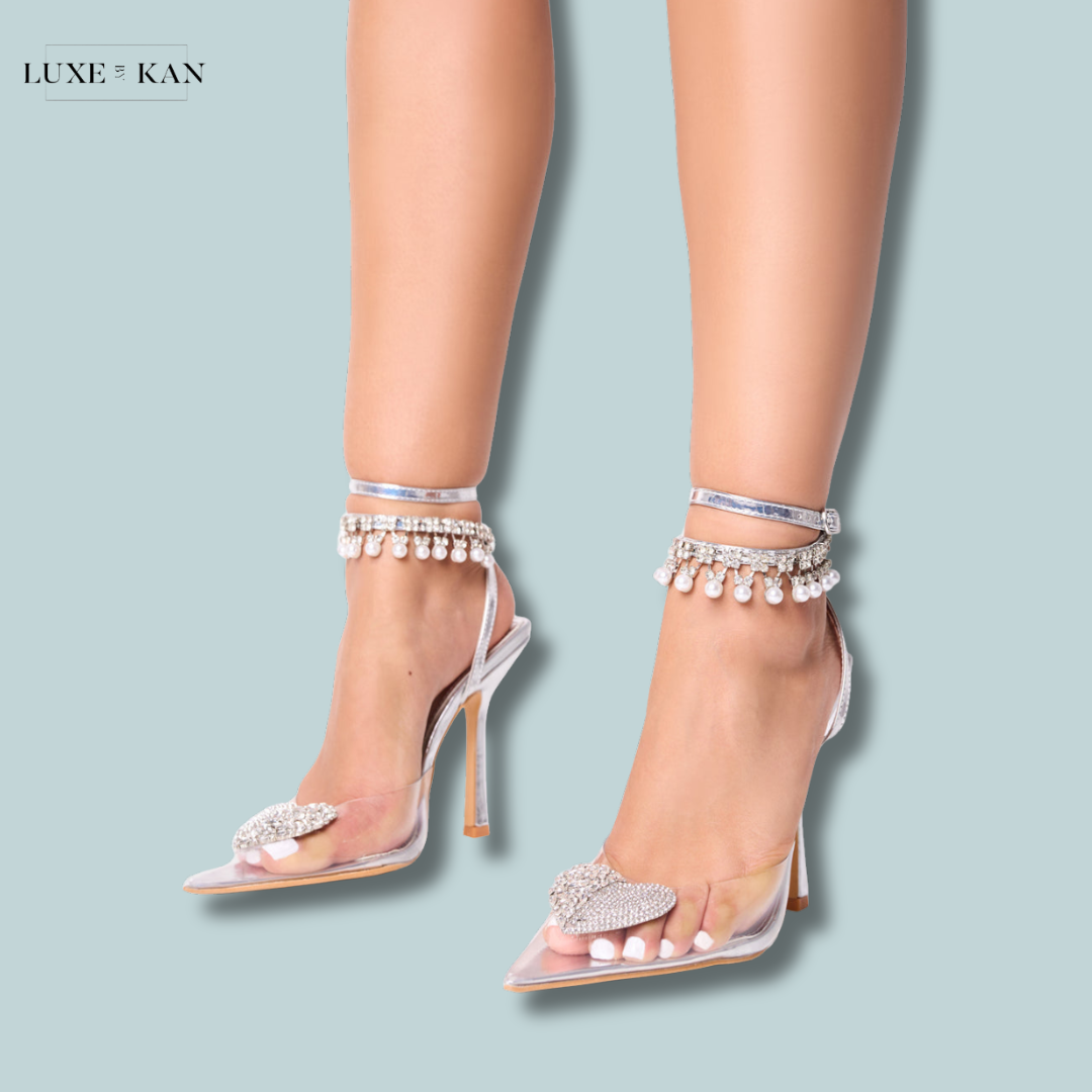 PUBLIC DESIRE BLESSING SILVER CLEAR PERSPEX DIAMANTE HEART ANKLE PEARL Luxe by Kan