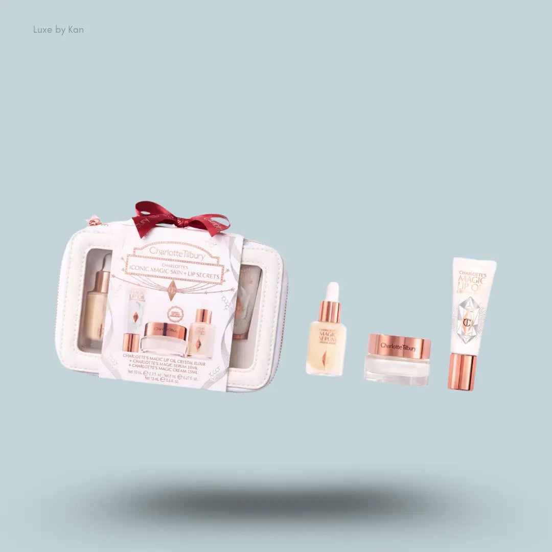 Charlotte Tilbury Iconic Magic Skin & Lip Secrets Kit with Magic Cream, serum, lip oil and packaging