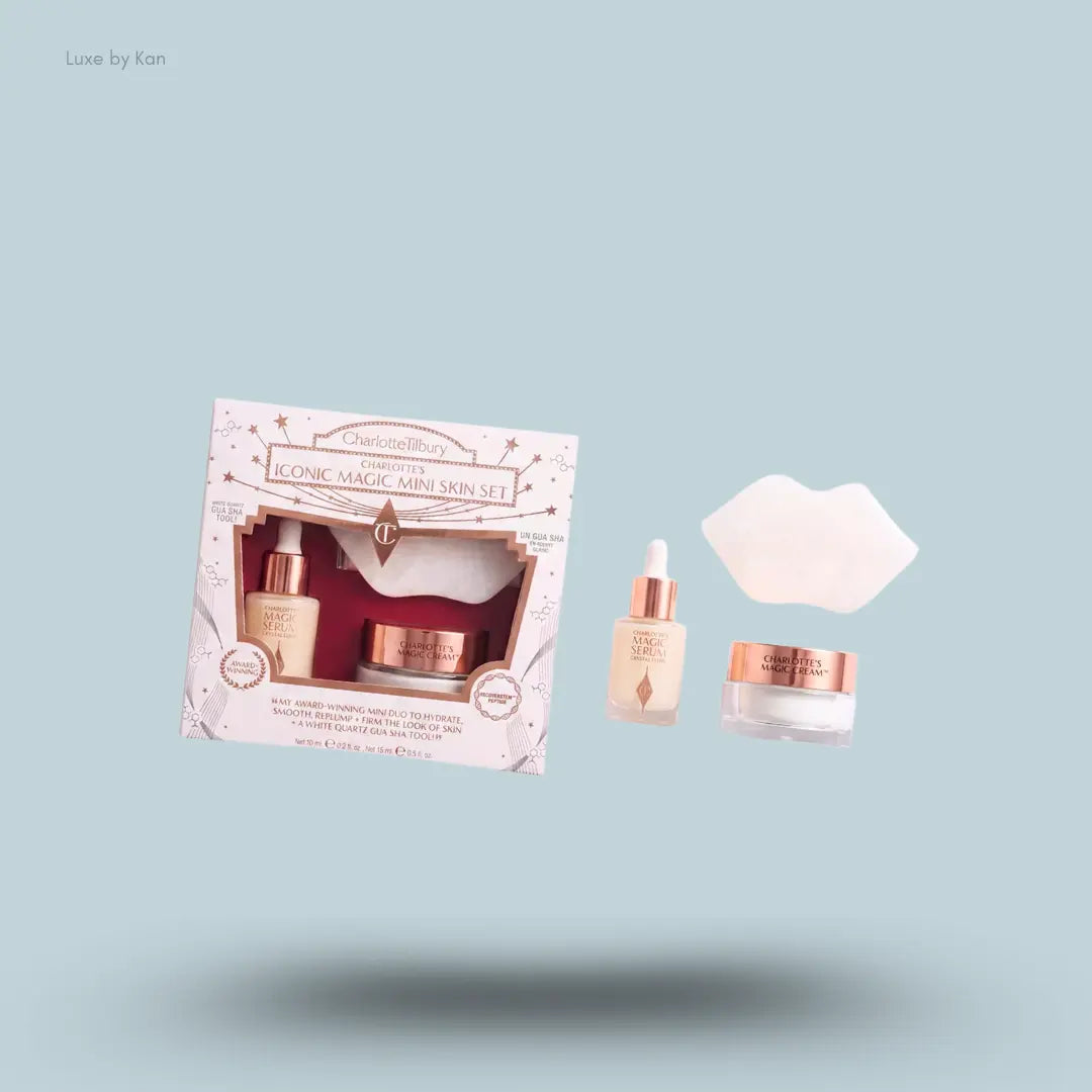 Charlotte Tilbury Iconic Magic Mini Skin Set with Magic Cream, serum, gua sha tool and packaging