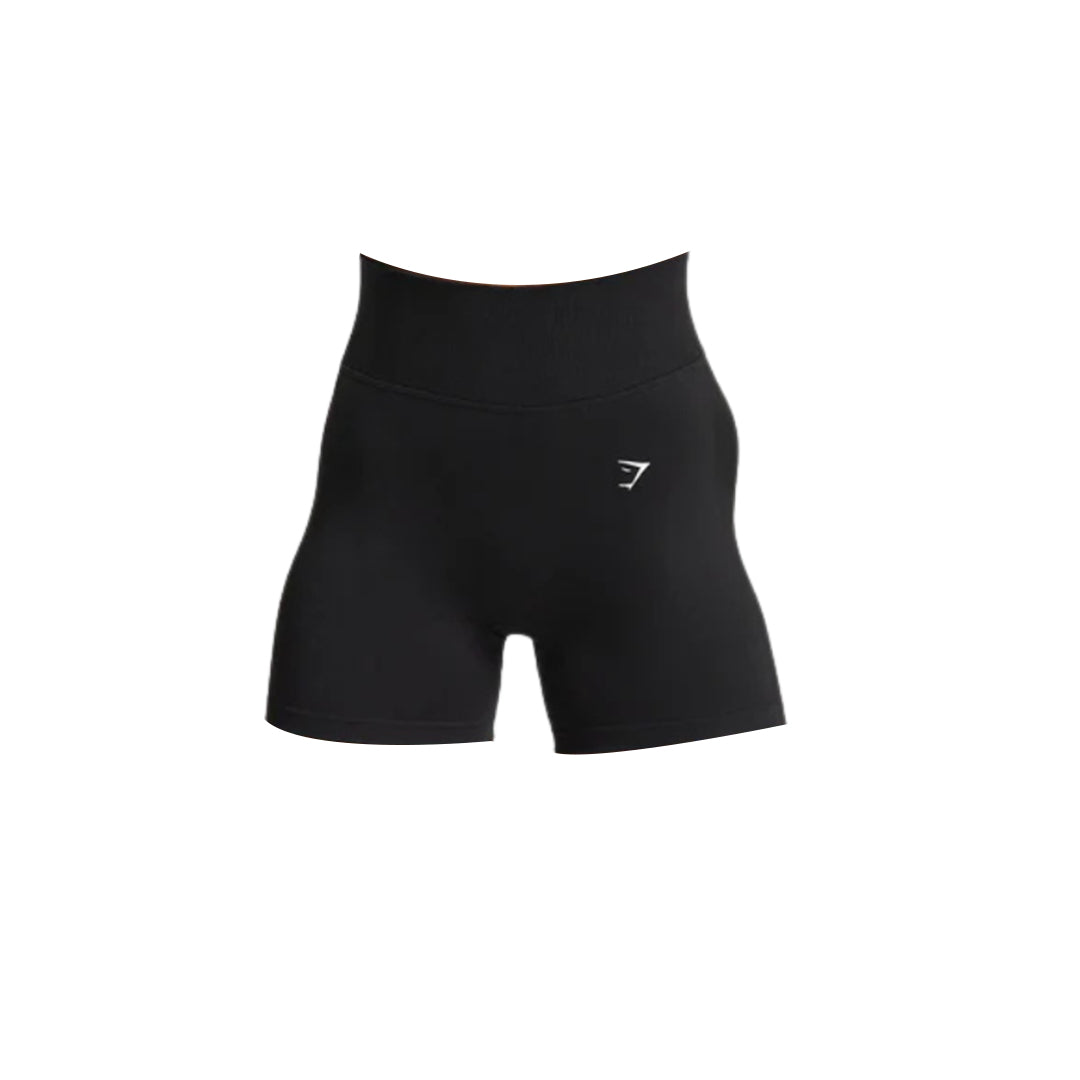 Gymshark athletic shorts with high waistband and white logo.