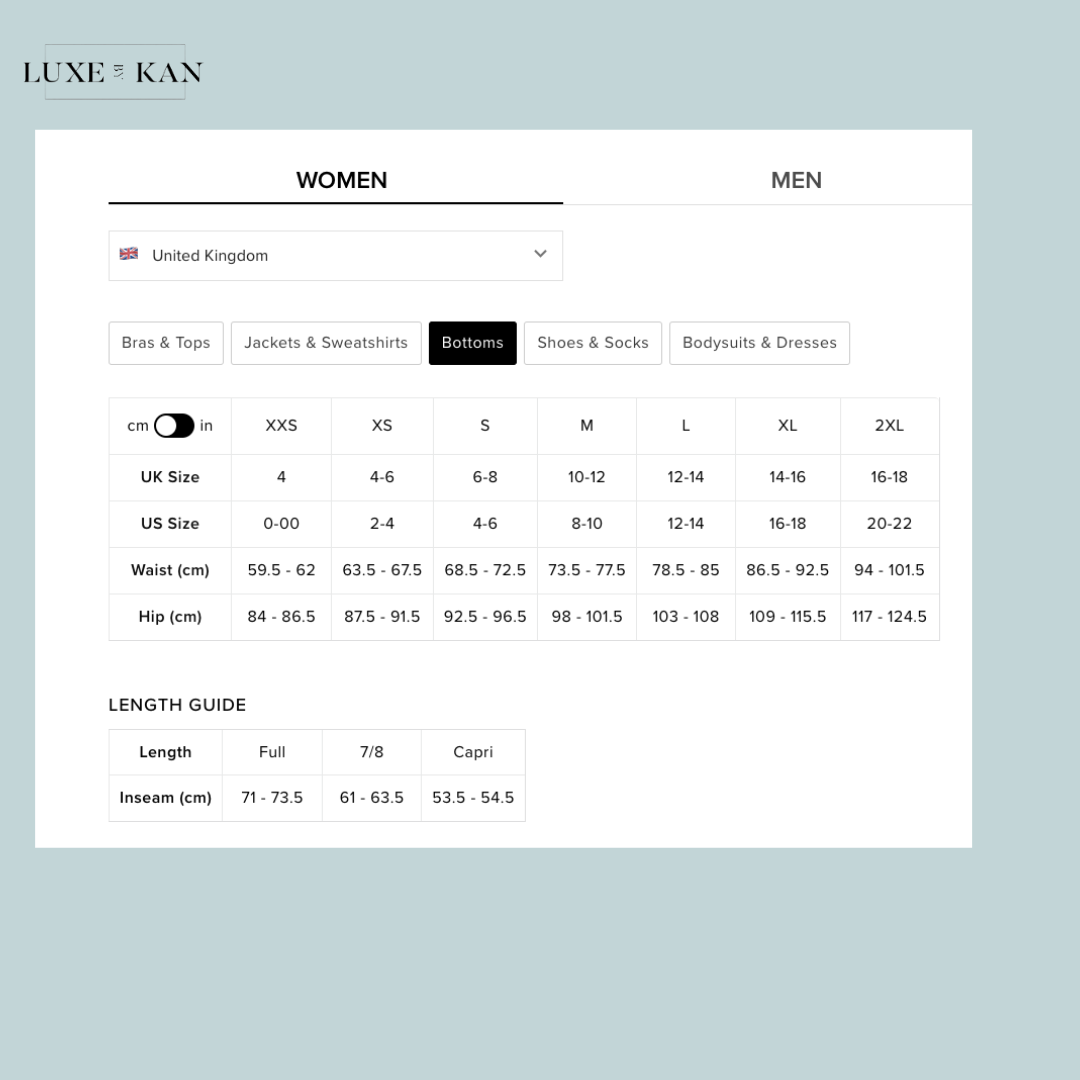Alo pinstripe daylight boxer short size chart for women's bottoms by Luxe & Kan, detailing UK and US sizes, waist, hip measurements, and inseam lengths.