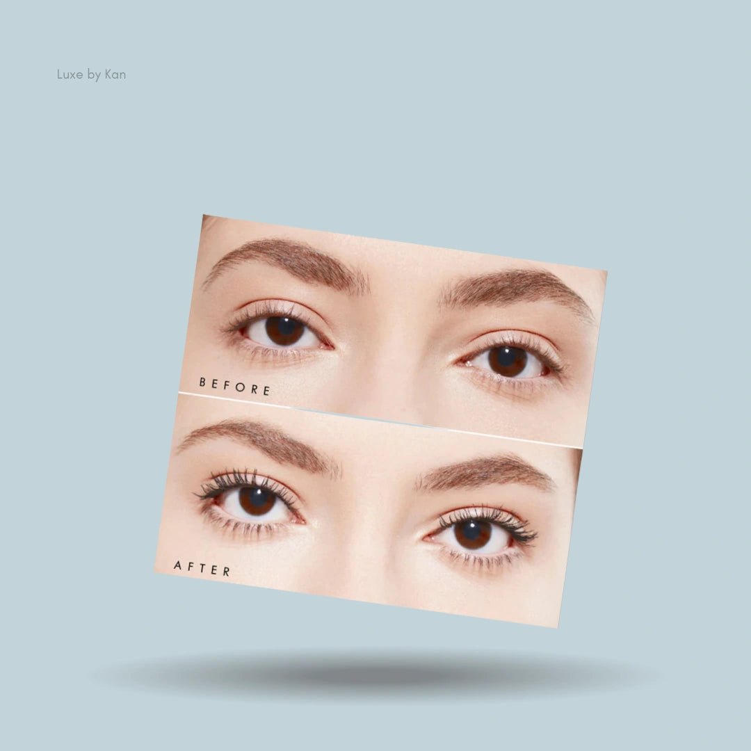 Armani beauty eyes to kill classico mascara "before" and "after" eyes, longer lashes visible afterwards.