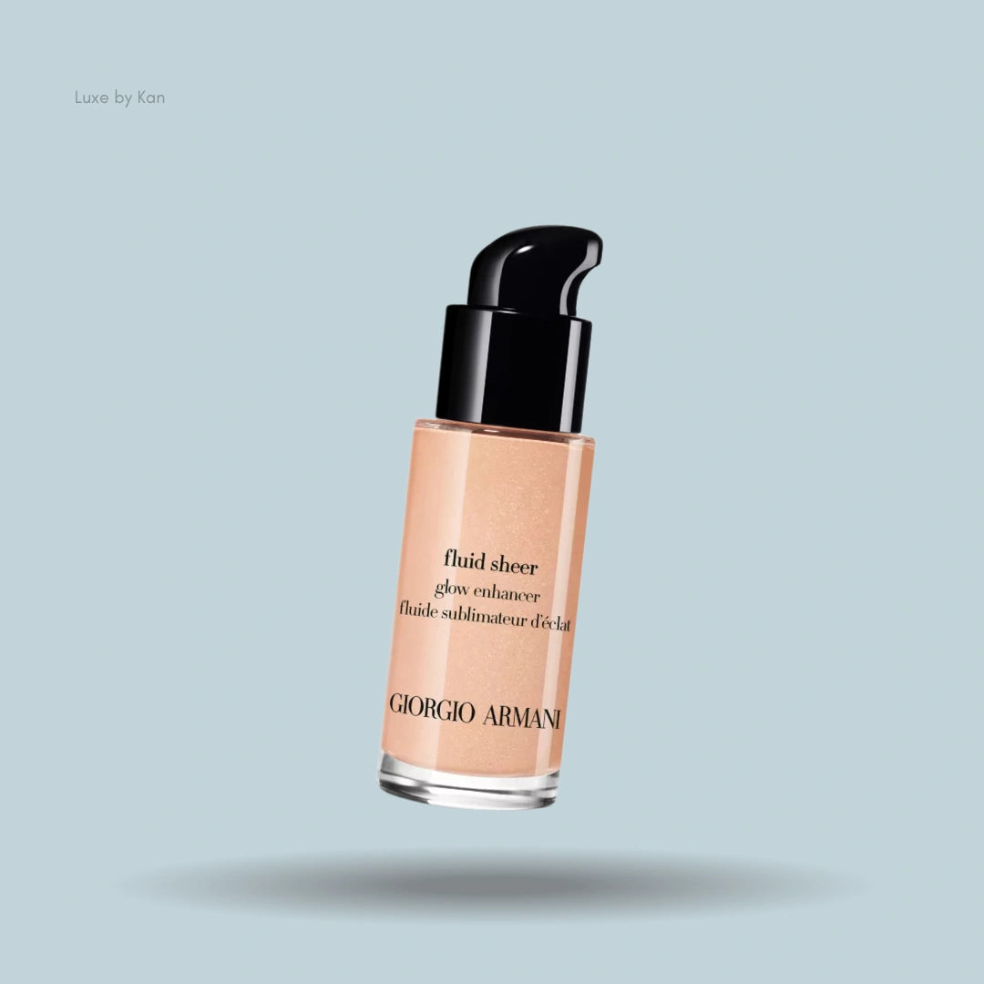 Armani Fluid Sheer liquid highlighter in a clear pump bottle with a black cap.