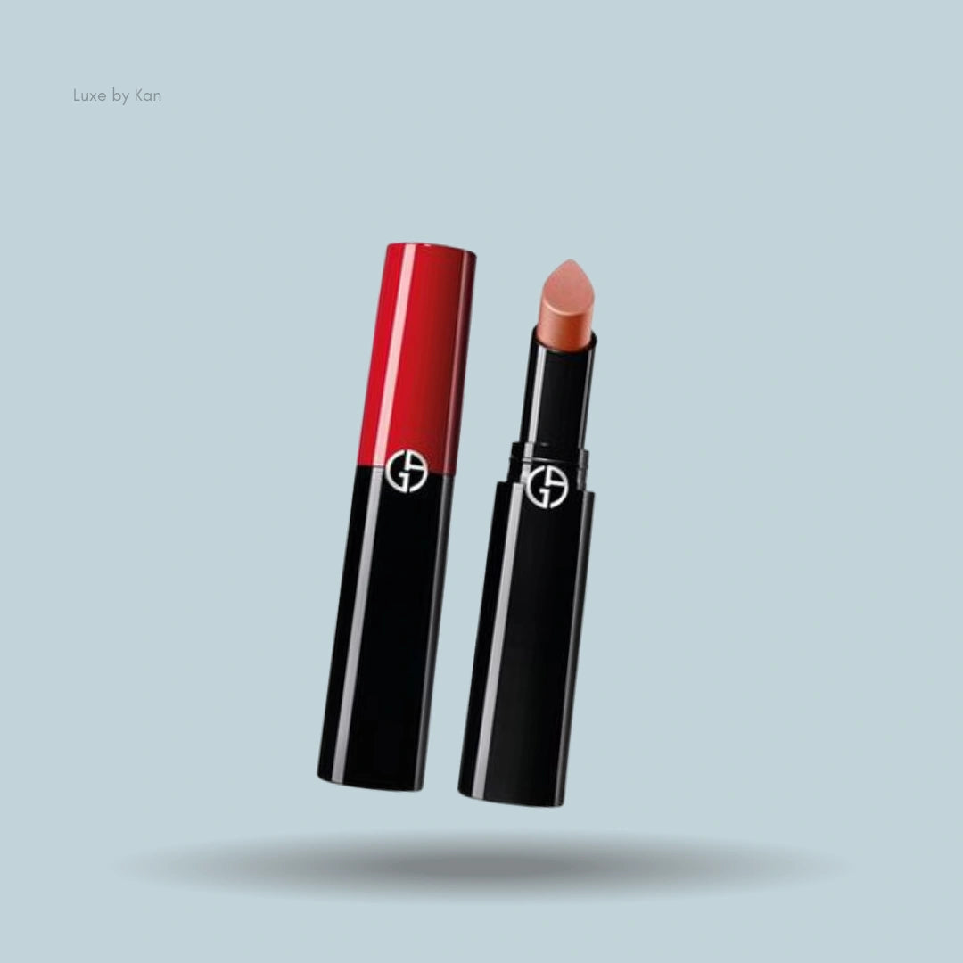 Armani Lip Power lipsticks tube - one opened to reveal the bullet, the other with a signature red cap closed.