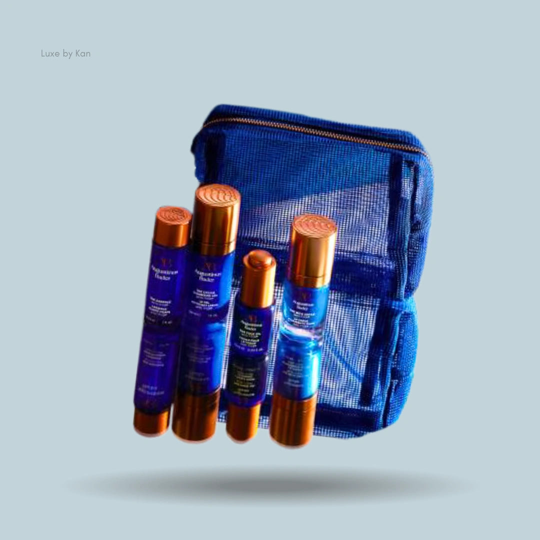 Augustinus Bader starter kit with The Rich Cream and blue mesh bag.