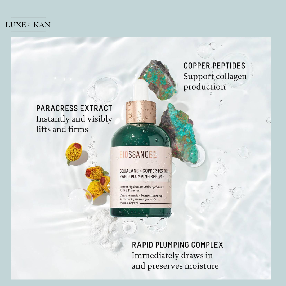 Biossance Squalane + Copper Peptide Rapid Plumping Serum with text highlighting key ingredients and benefits, set against a water backdrop.