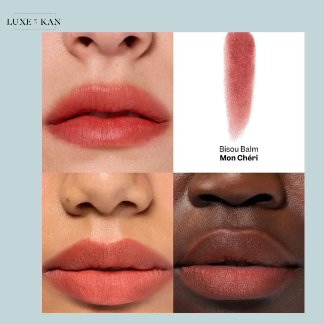 VIOLETTE FR Bisou Tinted Balm comparison of lip colors, showcasing a soft peach shade and a deeper muted pink on a model's lips.