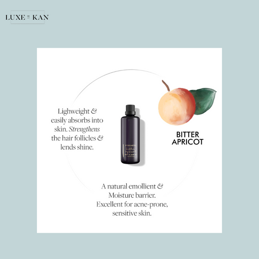 Purearth bitter apricot all over oil with text highlighting its lightweight, moisturizing, and skin-enhancing benefits.