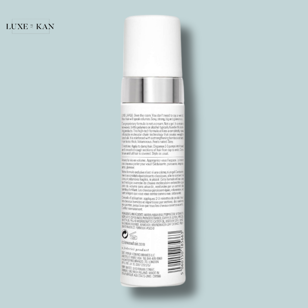 Color wow xtra large bombshell volumizer bottle, featuring usage instructions and ingredients on a light blue background.