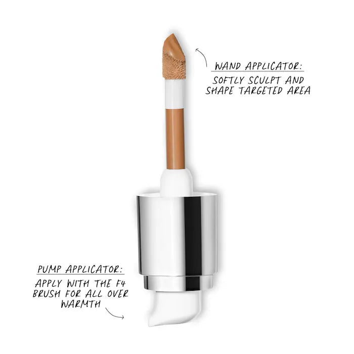 A dual-ended makeup applicator featuring a wand tip for sculpting and a pump for full coverage.