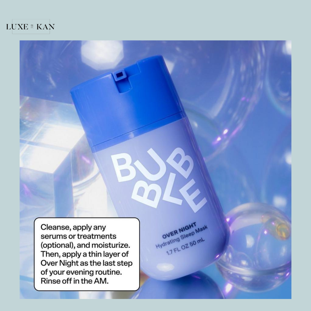 A close-up of Bubble Over Night Hydrating Sleep Mask bottle on a colorful reflective background, with instructions for use displayed.