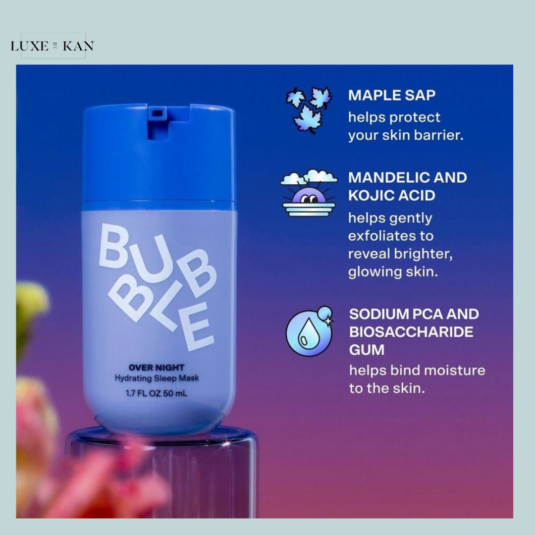 A hydrating sleep mask in a blue bottle, featuring ingredients like maple sap and acids for skin barrier protection and exfoliation.