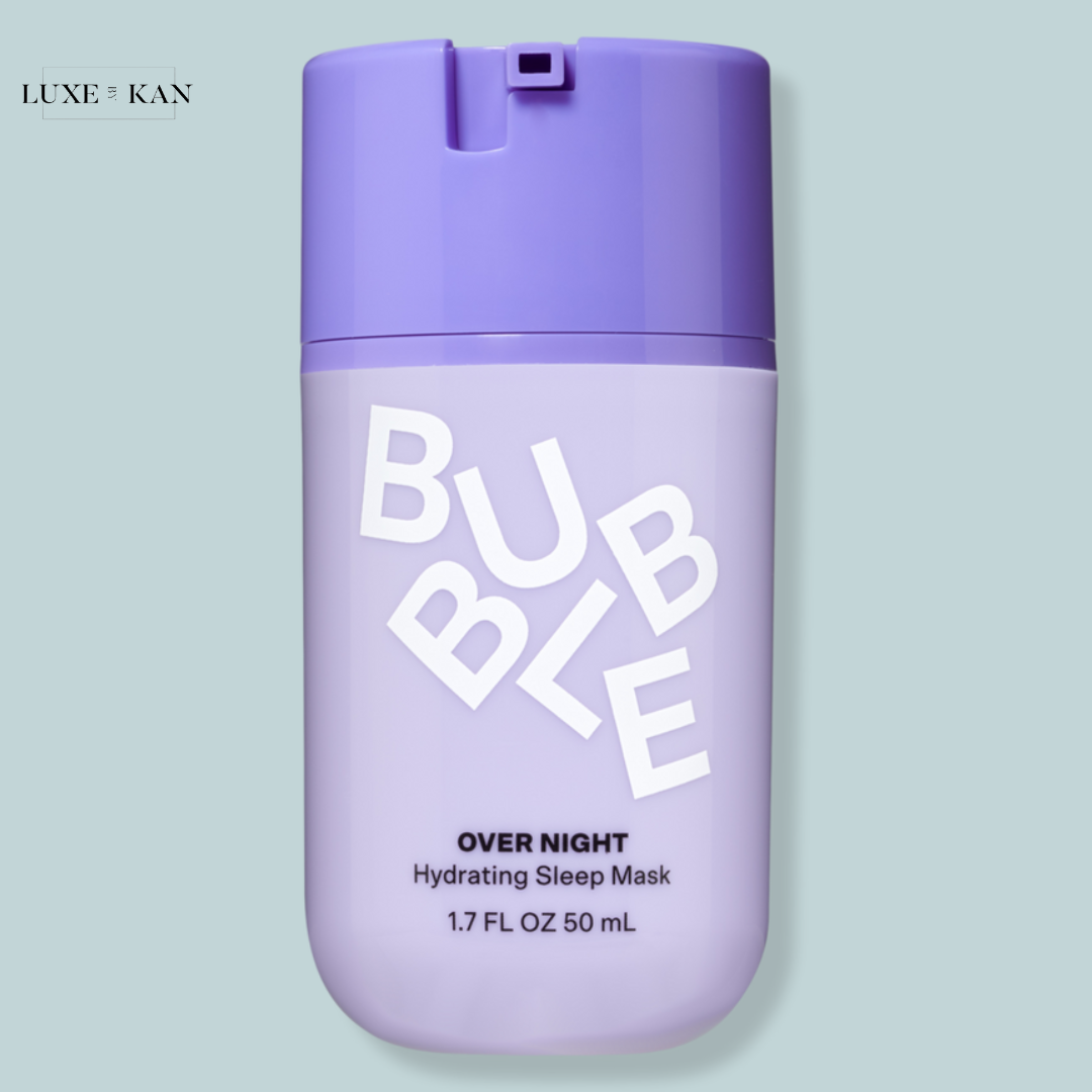 A lavender bottle of BUBBLE Overnight Hydrating Sleep Mask, 1.7 FL OZ 50ml.