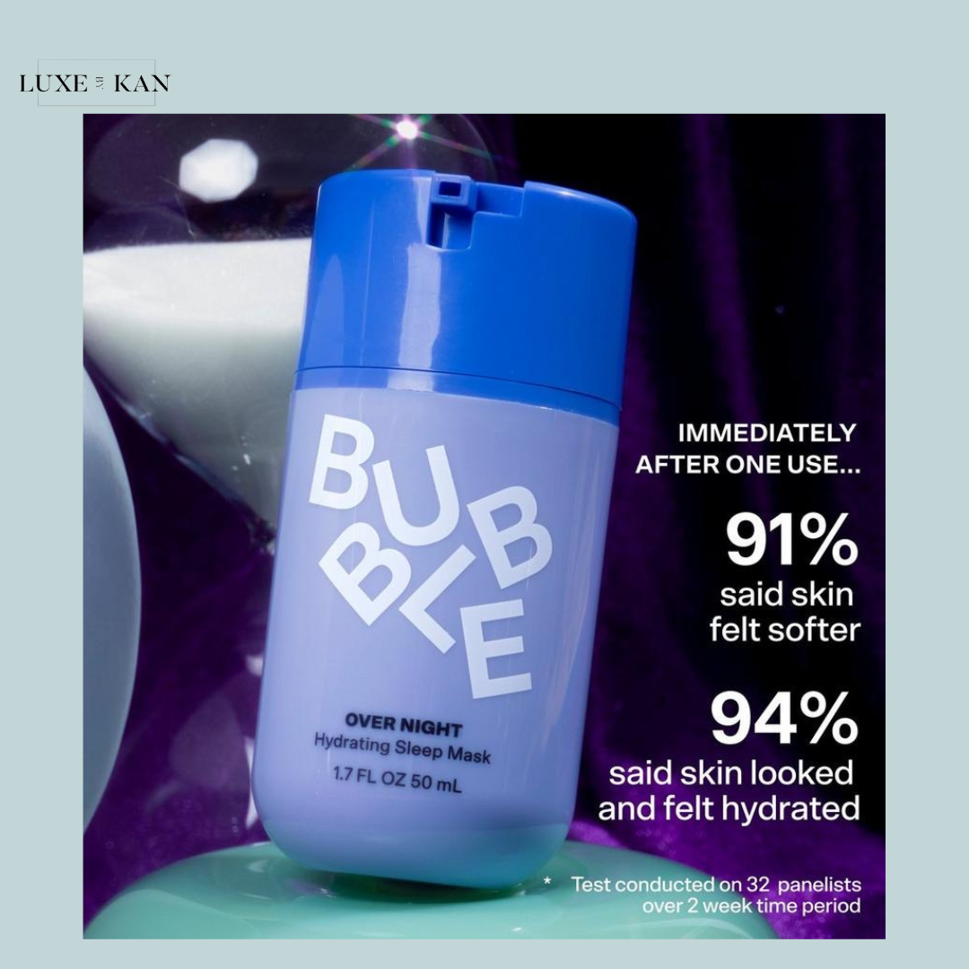 A blue hydrating sleep mask with bold "BUBBLE" text and ingredient highlights, including maple sap, mandelic acid, and sodium PCA.