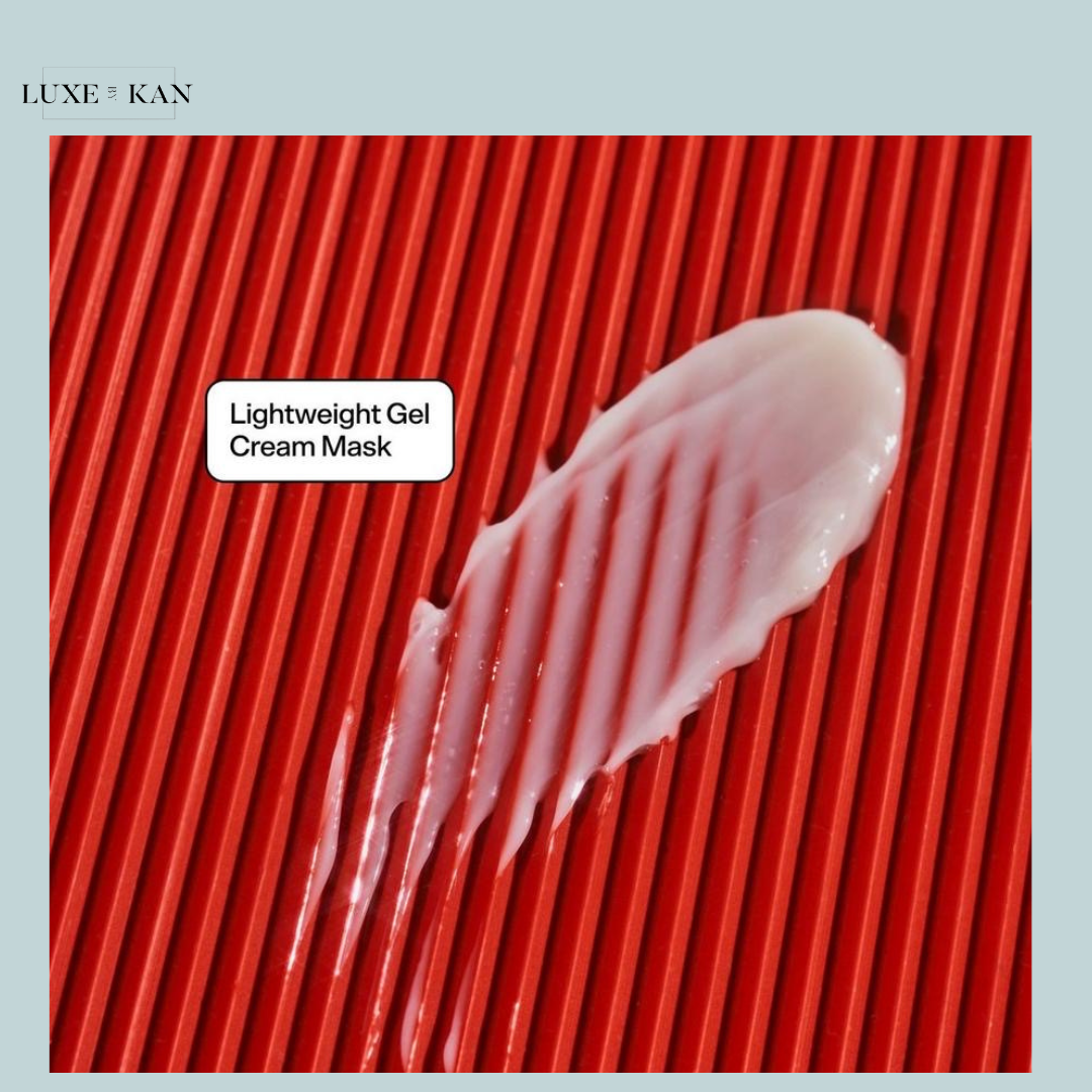 A smooth, lightweight gel cream mask swiped across a textured red surface, labeled as "Lightweight Gel Cream Mask."