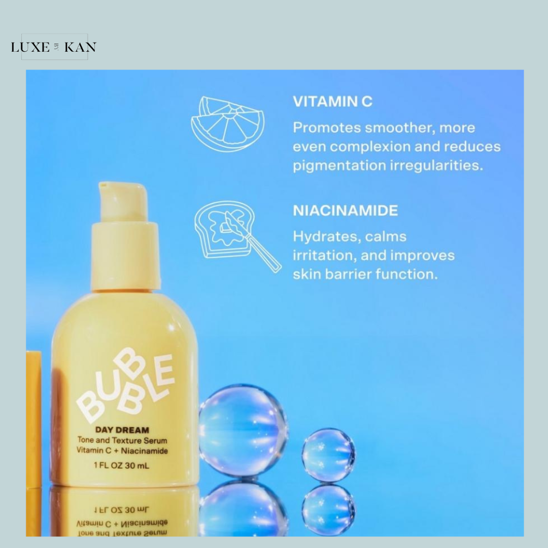 A yellow serum bottle titled "BUBBLE DAY DREAM," detailing benefits of Vitamin C and Niacinamide on a blue background with bubbles.