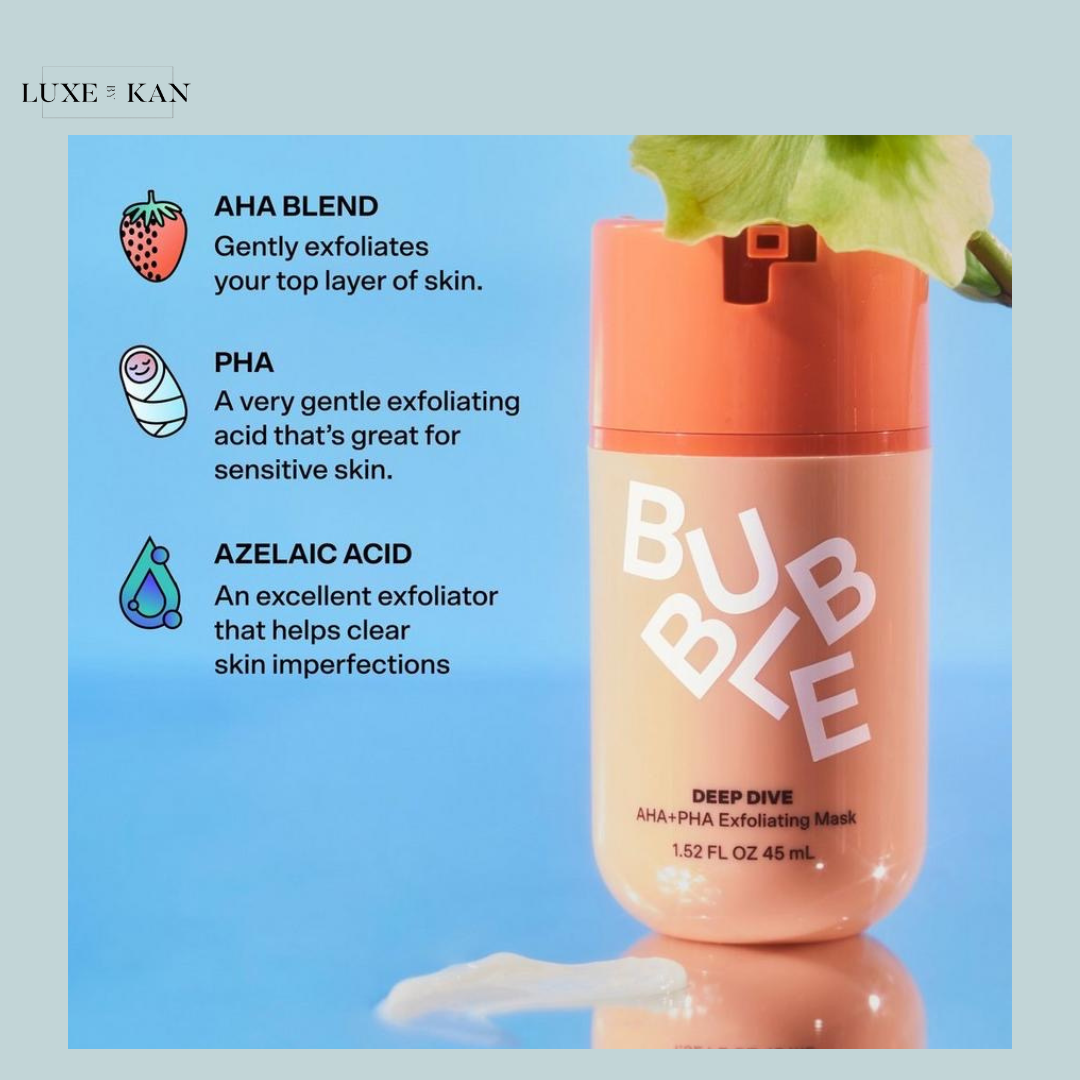 A pastel orange exfoliating mask with descriptions of AHA blend, PHA, and Azelaic Acid benefits for skin treatment.