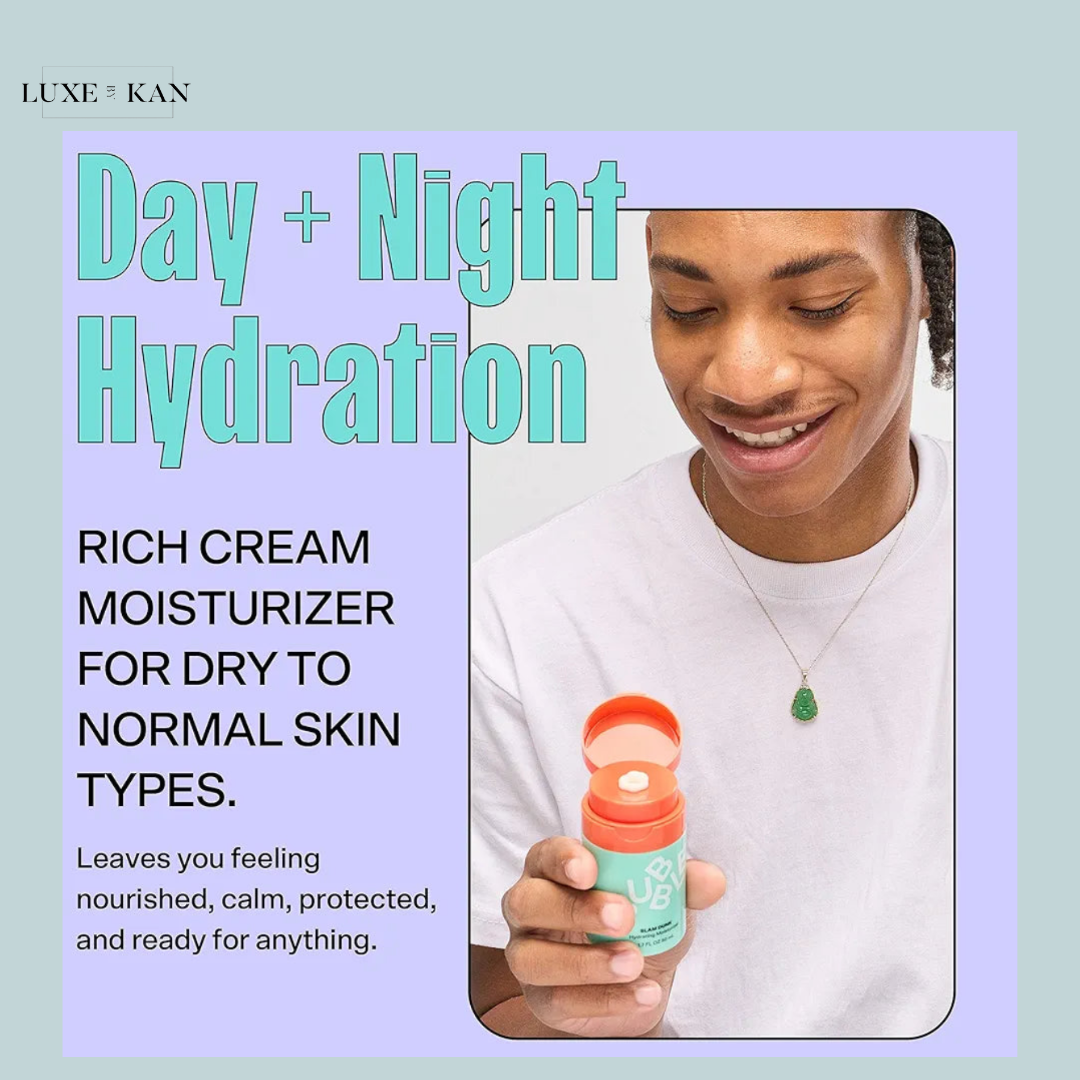 Person holding a moisturizer container, promoting hydration for dry to normal skin types, against a pastel background.