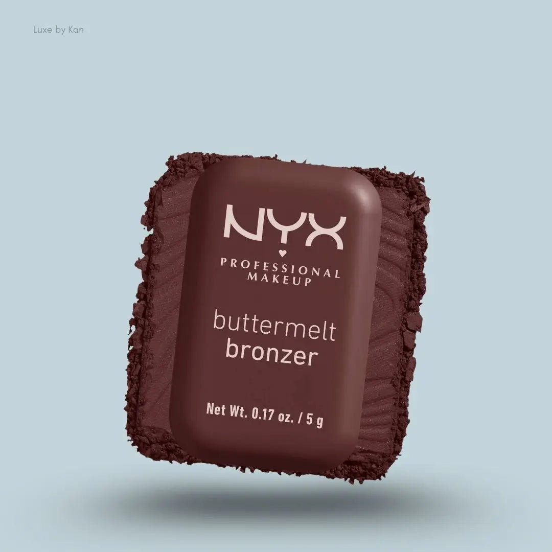 NYX Professional Makeup Buttermelt Powder Bronzer box and swatch on blue background — LBK India