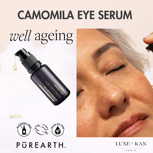 A bottle of Camomila Eye Serum with a dropper releasing a drop.