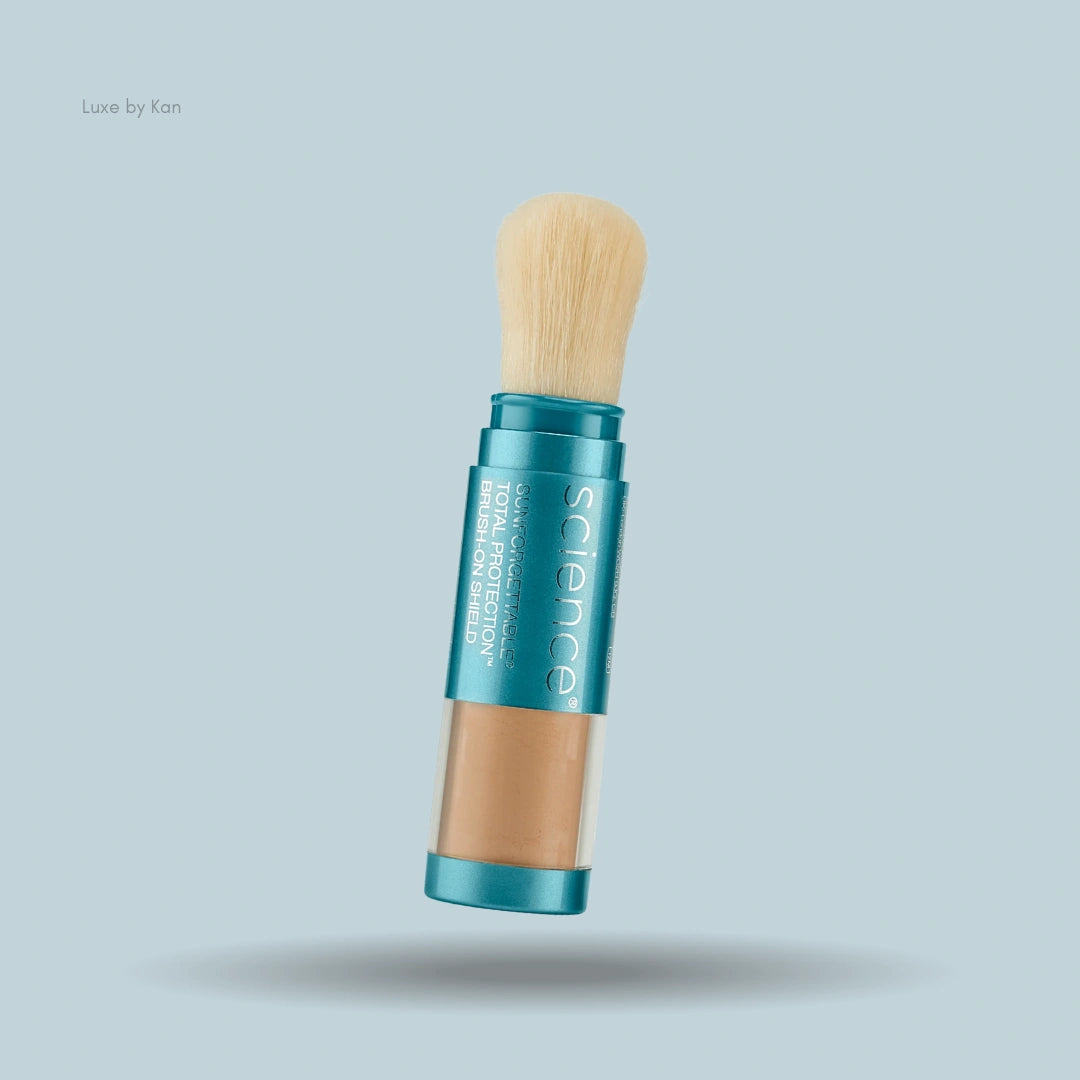 Colorescience Sunforgettable Total Protection Brush-On Shield SPF 50 with tan mineral powder.