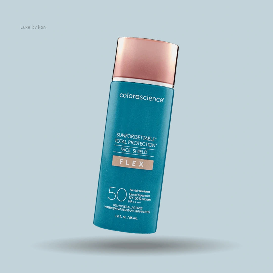 Colorescience Sunforgettable Total Protection Face Shield Flex SPF 50 bottle, teal with a rose gold cap.