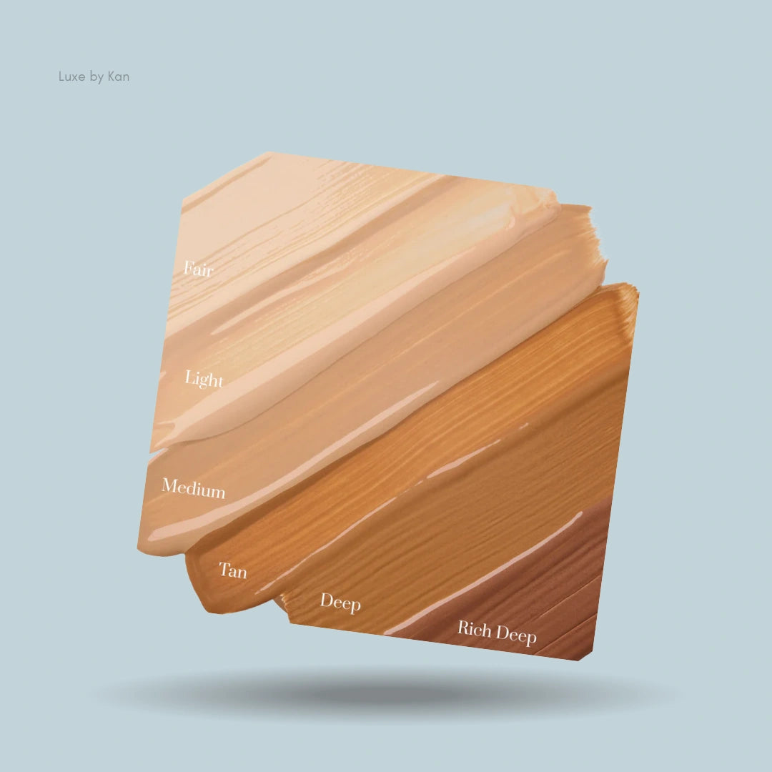 Six shades of Colorescience Sunforgettable Face Shield Flex SPF 50 cream swatches ranging from fair to rich deep.