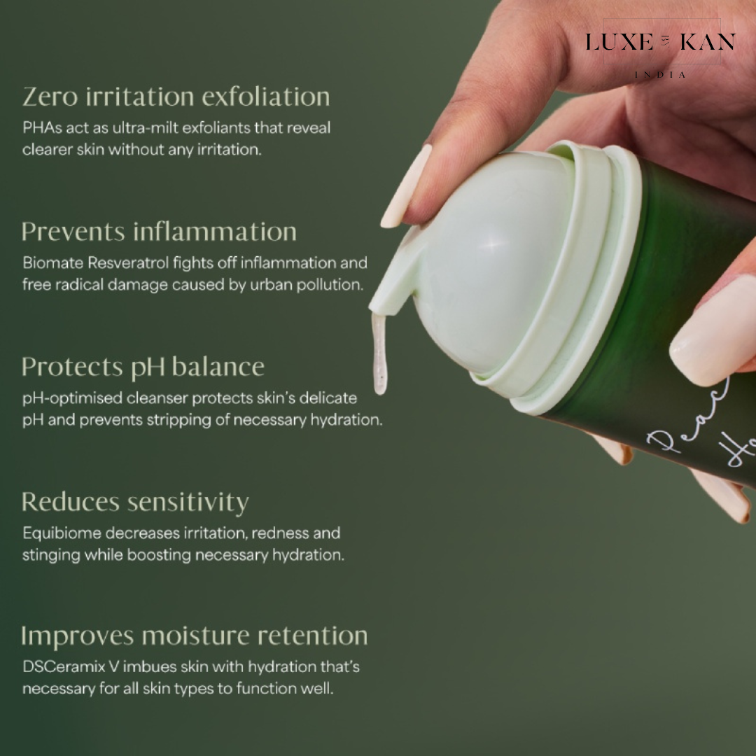 A hand holding a dark green "Peace Host Cleanser" skincare bottle, with text highlighting benefits: exfoliation, inflammation prevention, pH protection, sensitivity reduction, and moisture retention.