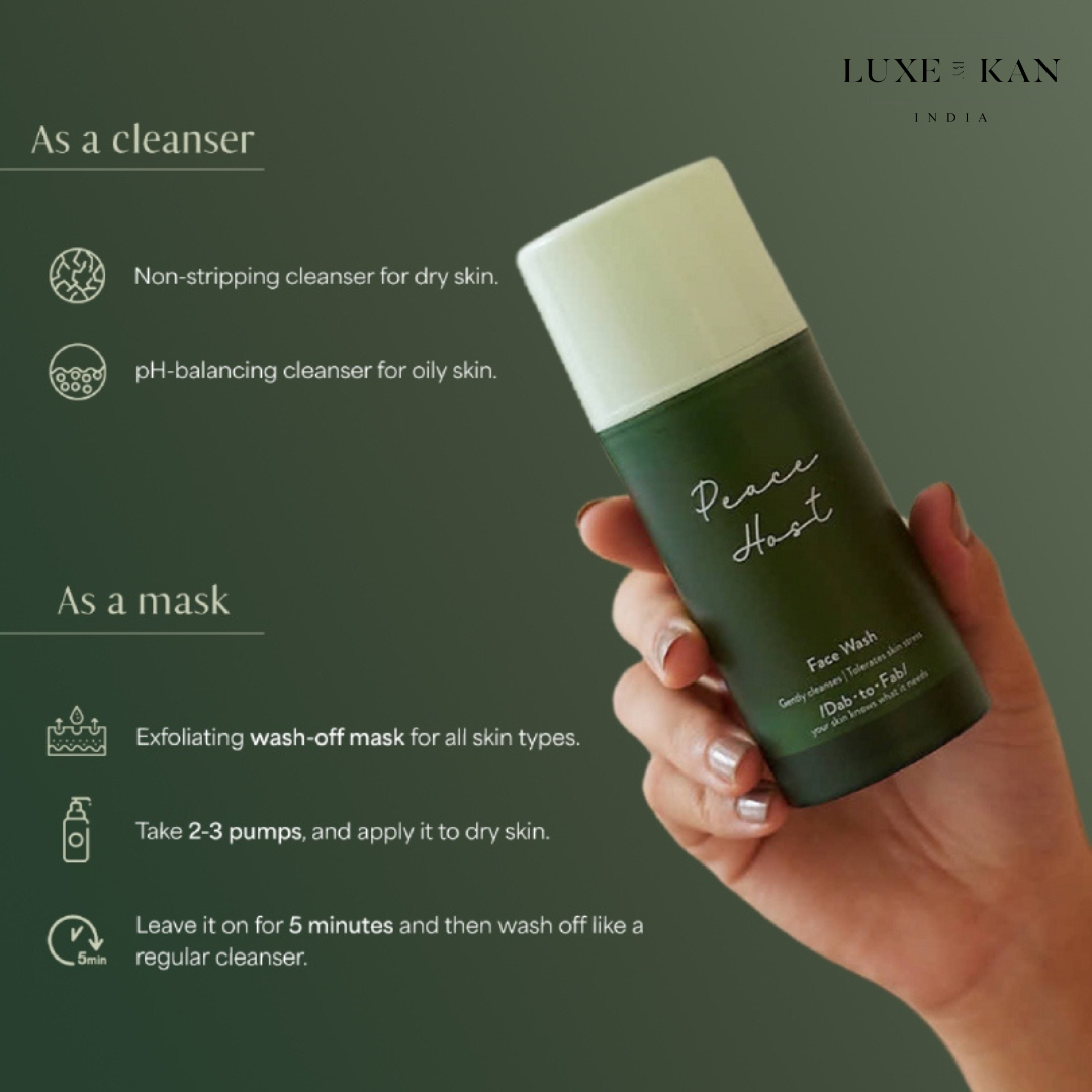 A hand holding a green DAB TO FAB face wash bottle, highlighting its dual use as a cleanser and exfoliating mask for various skin types.