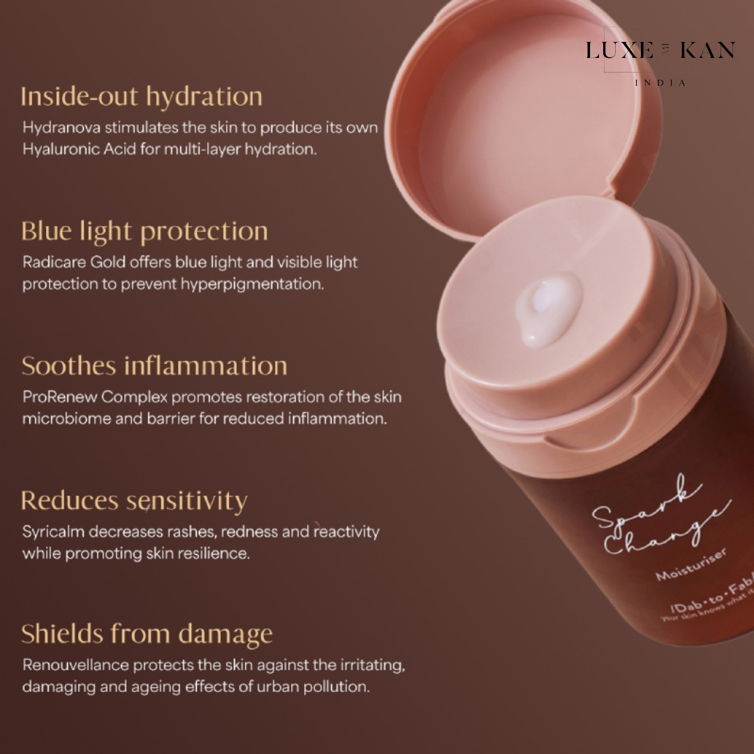 DAB TO FAB Spark Change Moisturiser with key benefits: hydrates, protects from blue light, soothes inflammation, reduces sensitivity, and shields from pollution.