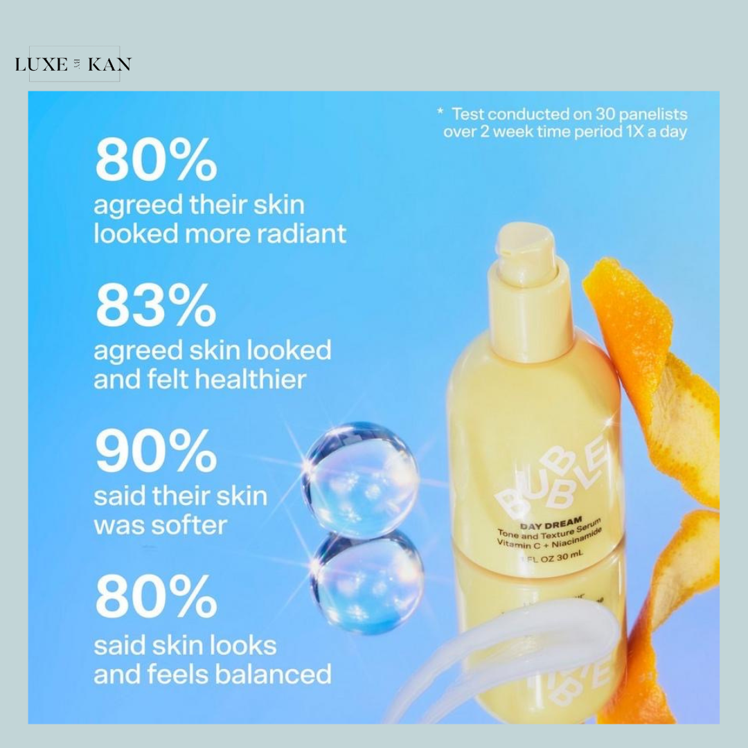 BUBBLE Day Dream serum, showcasing effectiveness statistics on skin radiance, health, softness, and balance.
