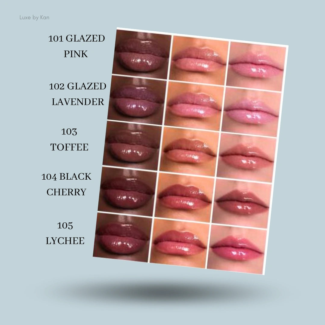 Dior Addict lip glow butter swatches showing various shades on different skin tones.