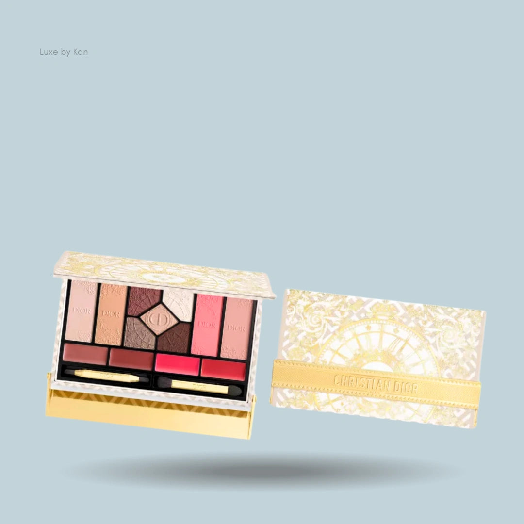 Dior couture iconic limited-edition multi-use face palette with gold pattern design and eyeshadow and lip color pans.