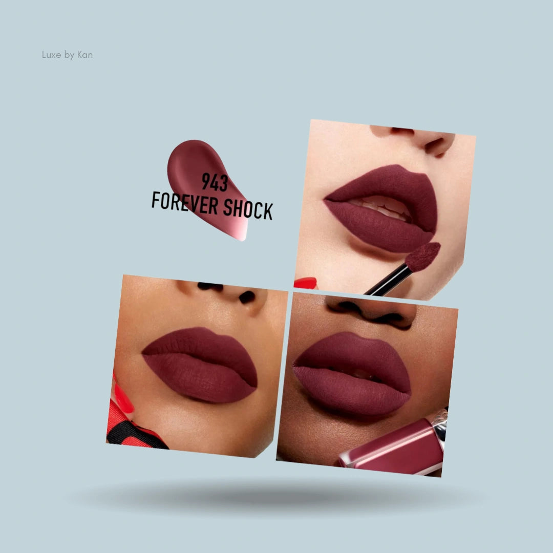 Dior Rouge Forever Matte Liquid Lipstick in shade 943 Forever Shock, featuring close-ups of lips with product applied and the product packaging.